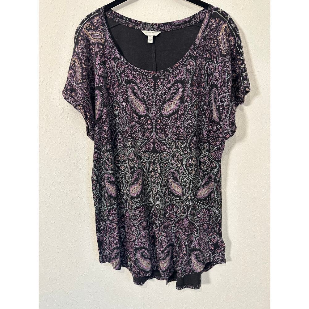 Lucky Brand Womans Multi color Back Slit Cap Sleeves Pullover Top Blouse Large